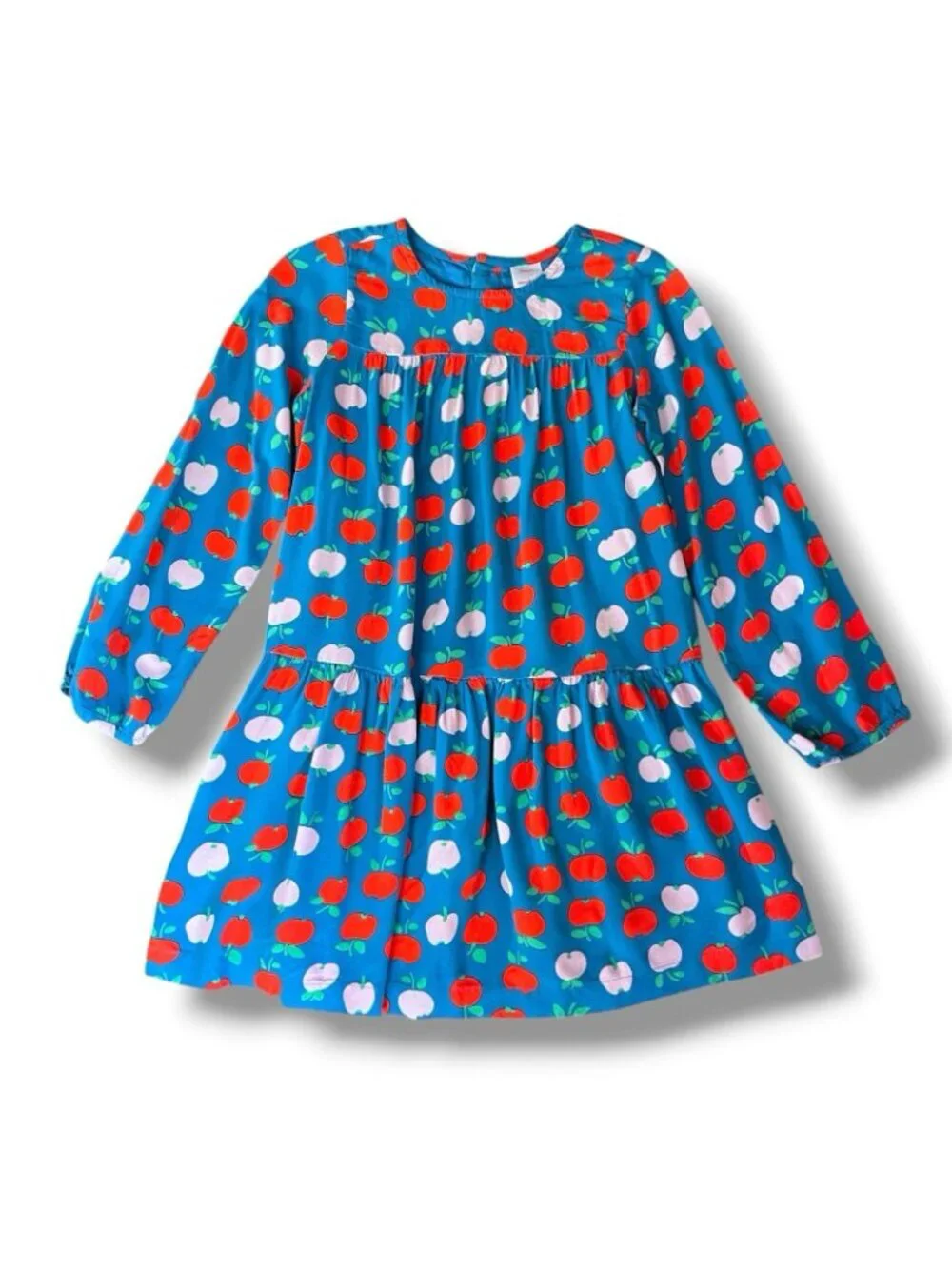 Hanna Andersson Girls Dress Sz 8 130 Blue Red Pink Apple Print Long Sleeve